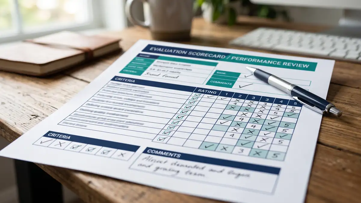 Close-up of a vendor evaluation scorecard checklist with rating marks, part of a vendor evaluation framework