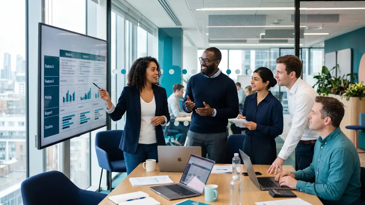 Procurement team comparing technology vendor options on screen using a vendor evaluation framework