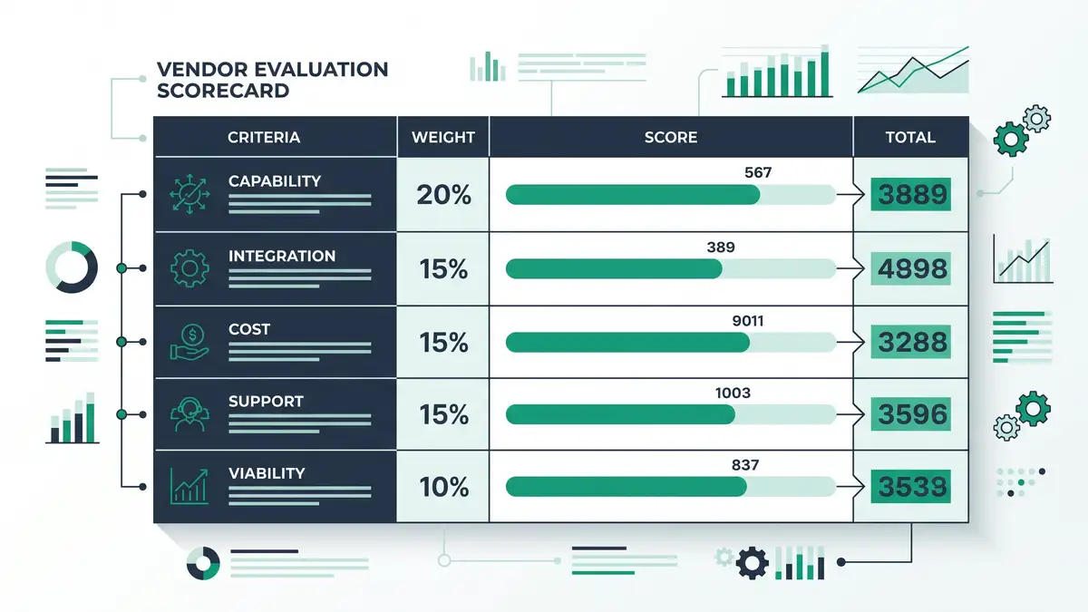 Vendor evaluation scorecard infographic showing weighted criteria for capability, integration, cost, viability, and support in teal and navy