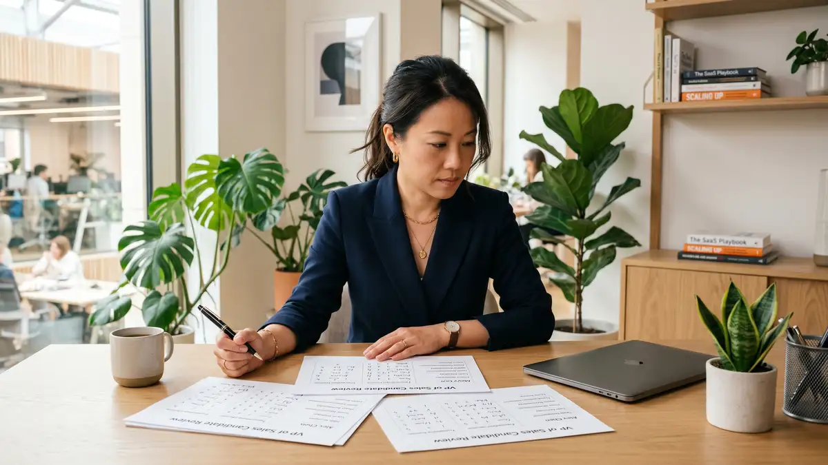 VP Sales reviewing sales playbook documentation during 90-day onboarding