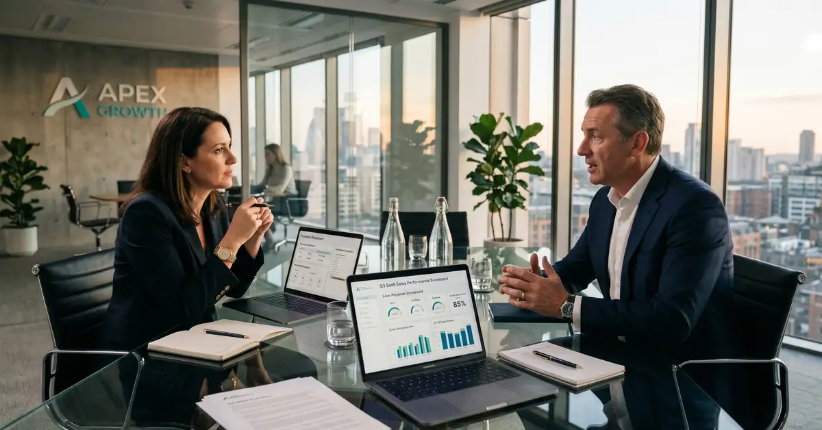 Founder evaluating VP of Sales candidates with framework documentation in startup conference room