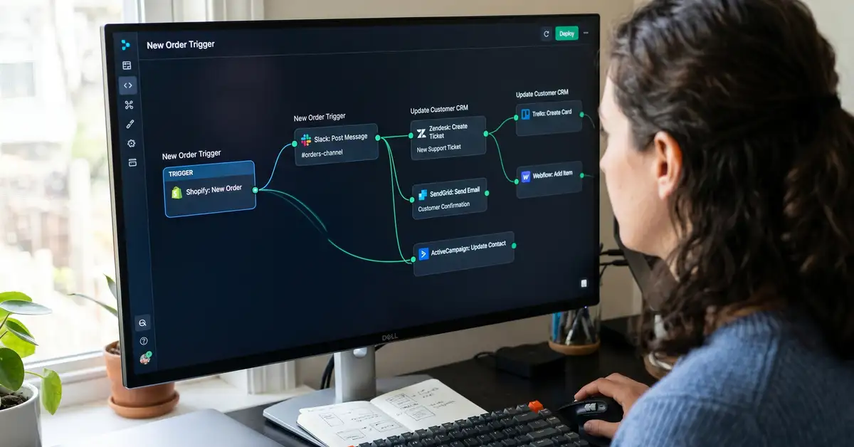 Close-up of an n8n-style visual workflow editor showing a trigger node connected to several action nodes on a canvas
