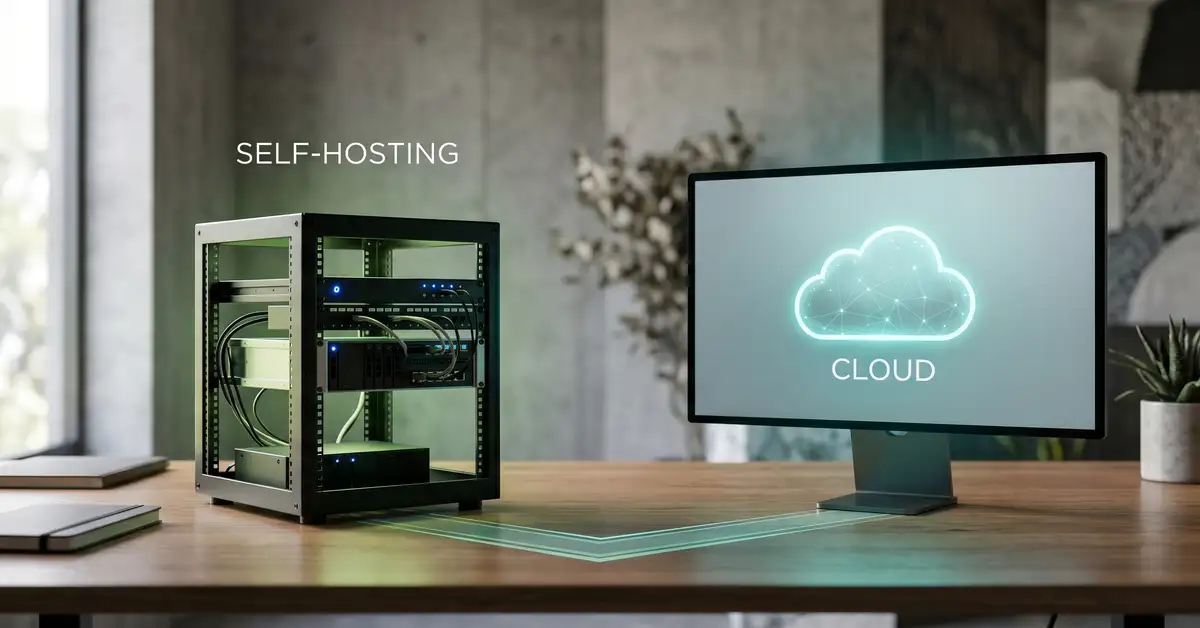 A conceptual image contrasting a self-hosted server with a cloud option, representing n8n self-hosting versus n8n Cloud