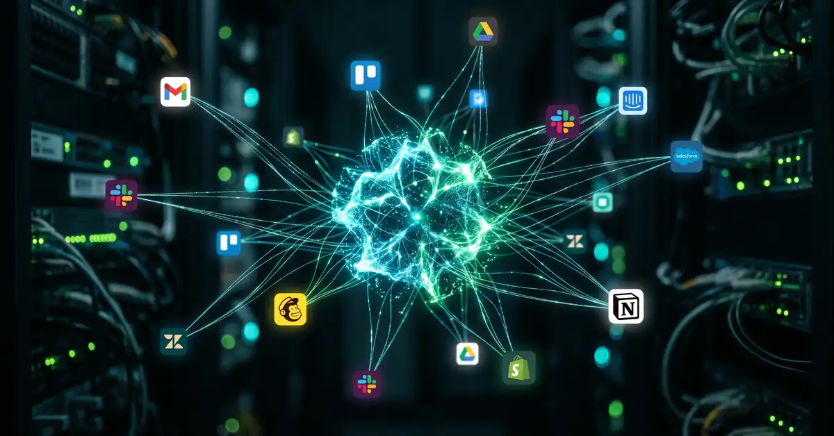 A conceptual image of an AI automation agent as a central node connected to many app icons, representing an n8n AI agent