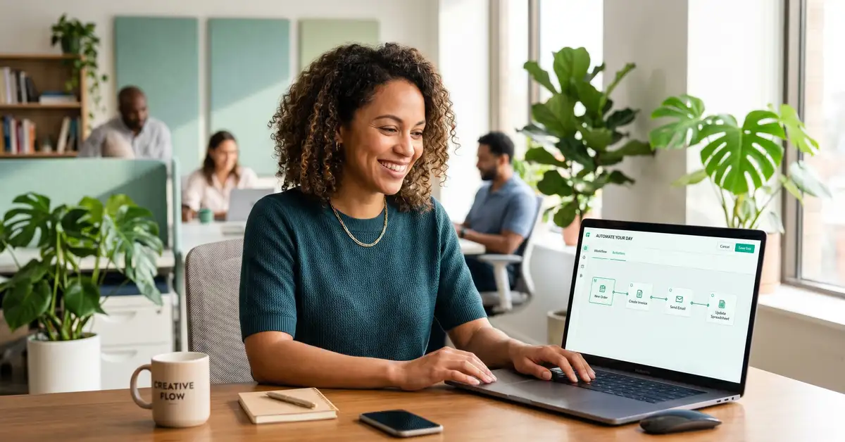 A non-technical professional building their first drag-and-drop automation workflow on a laptop