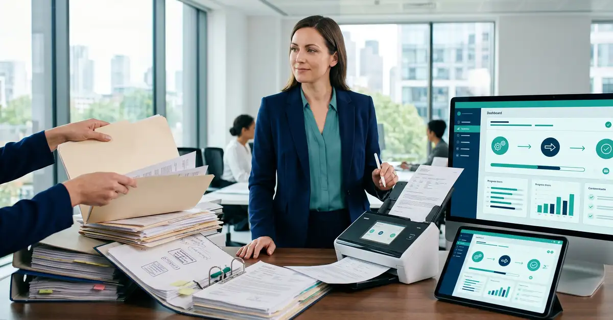 Audited manual tasks being handed off into a clean automated digital workflow while a professional oversees it