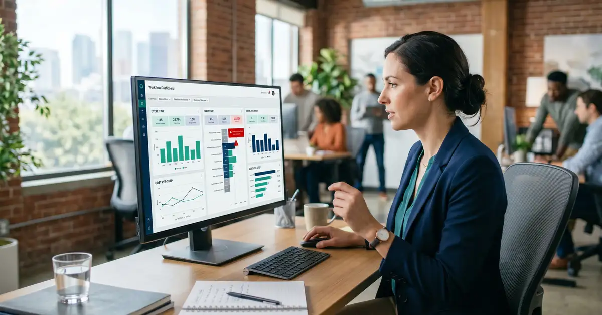 An operations manager reviewing a workflow audit dashboard showing cycle time, wait time, and cost-per-step metrics