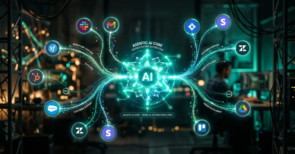 A conceptual image of agentic AI automation, a glowing AI core orchestrating several flows out to app icons