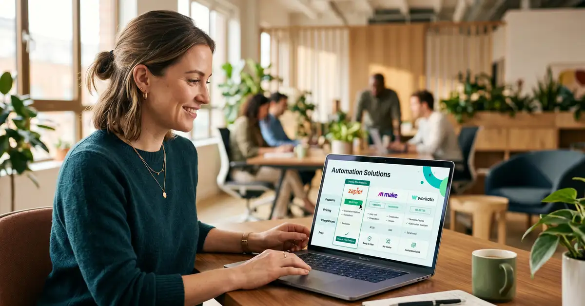 A non-technical professional confidently selecting an automation platform on a laptop