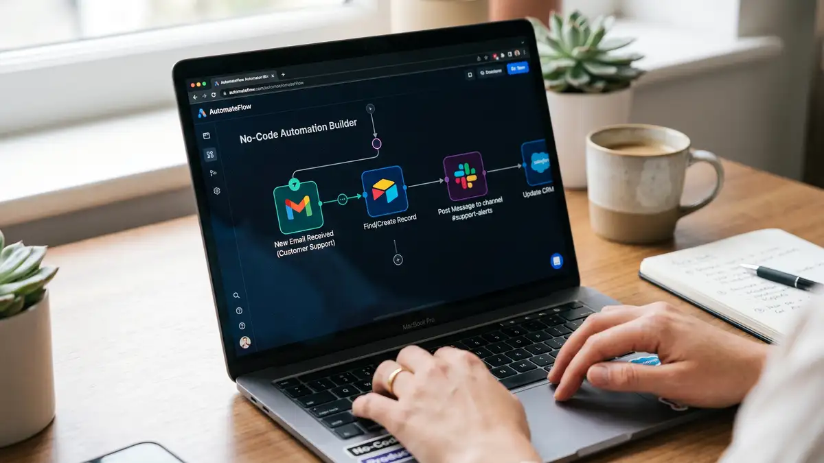 Visual automation builder on screen showing connected app icons and workflow steps, representing easy no-code Zapier alternatives