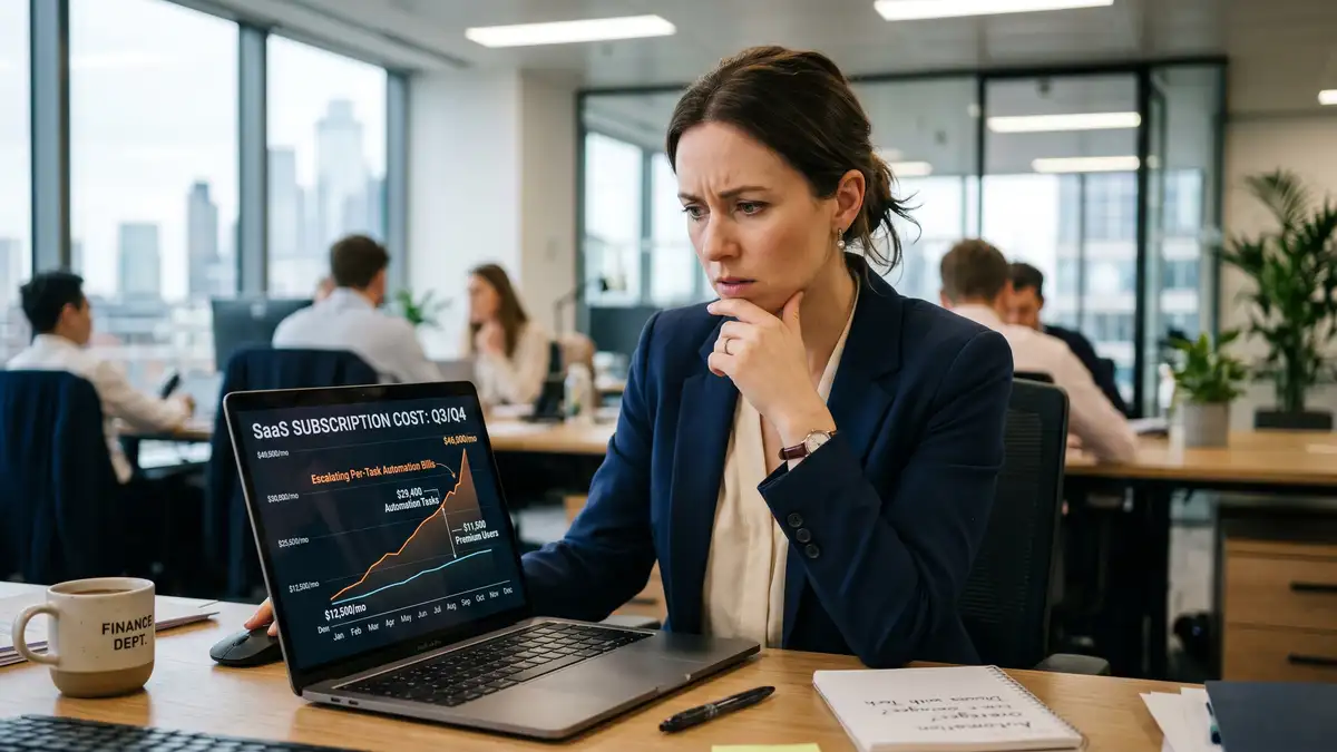 Finance professional reviewing an escalating per-task automation bill on a laptop, a key reason B2B teams seek Zapier alternatives