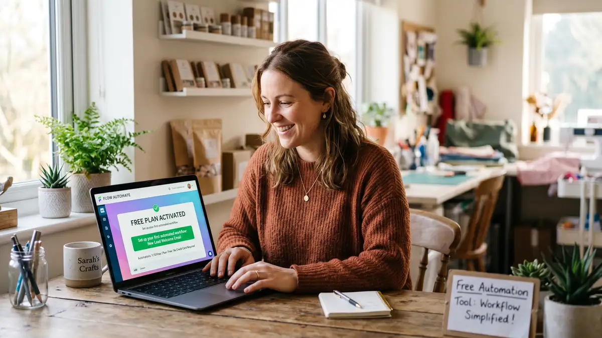Small business owner setting up a free automation tool on a laptop, representing the generous free-tier Zapier alternatives like Make and Pabbly