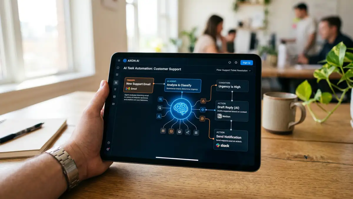 Tablet showing an AI agent automation flow, representing the AI-native capabilities of Zapier alternatives such as Activepieces and n8n