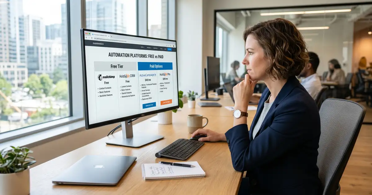 B2B operator comparing free and paid automation platform options on a monitor, evaluating the best Zapier alternatives in 2026