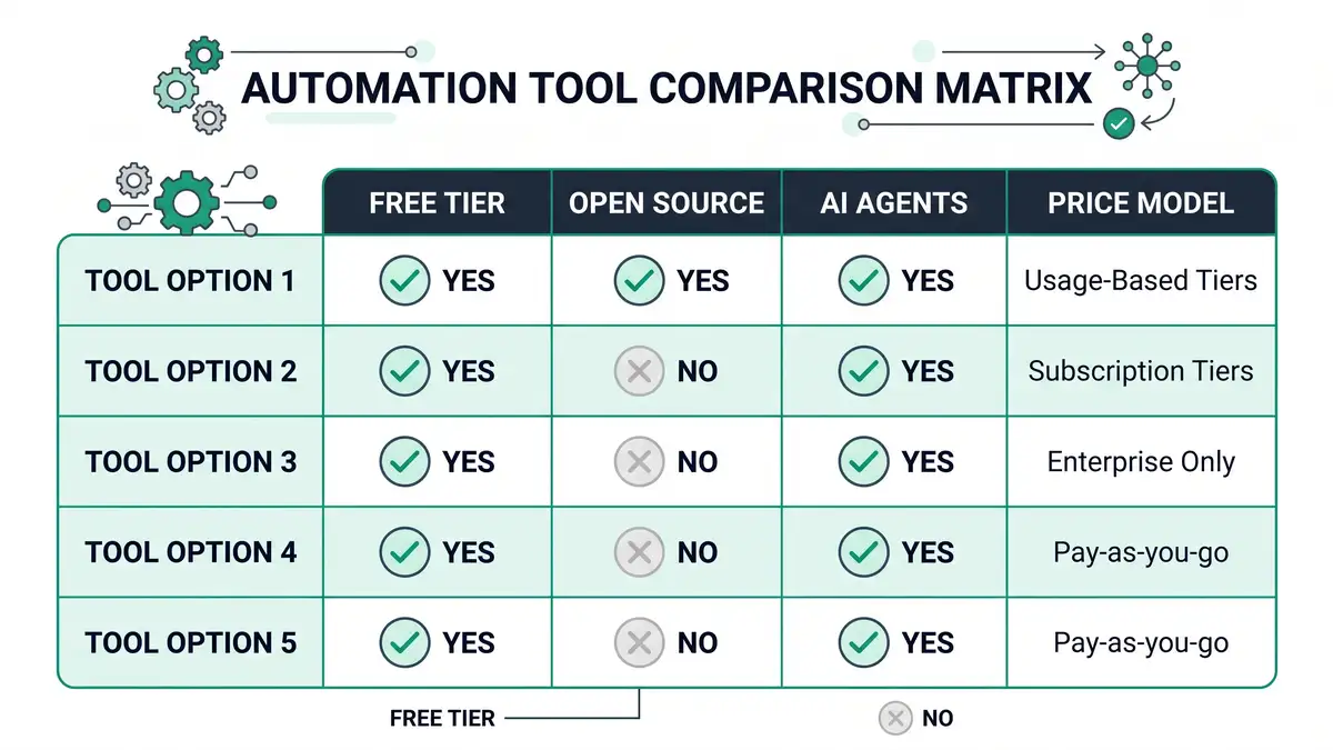 Comparison-matrix infographic of Zapier alternatives across free tier, open source, AI agents, and price model, in peppereffect brand colours