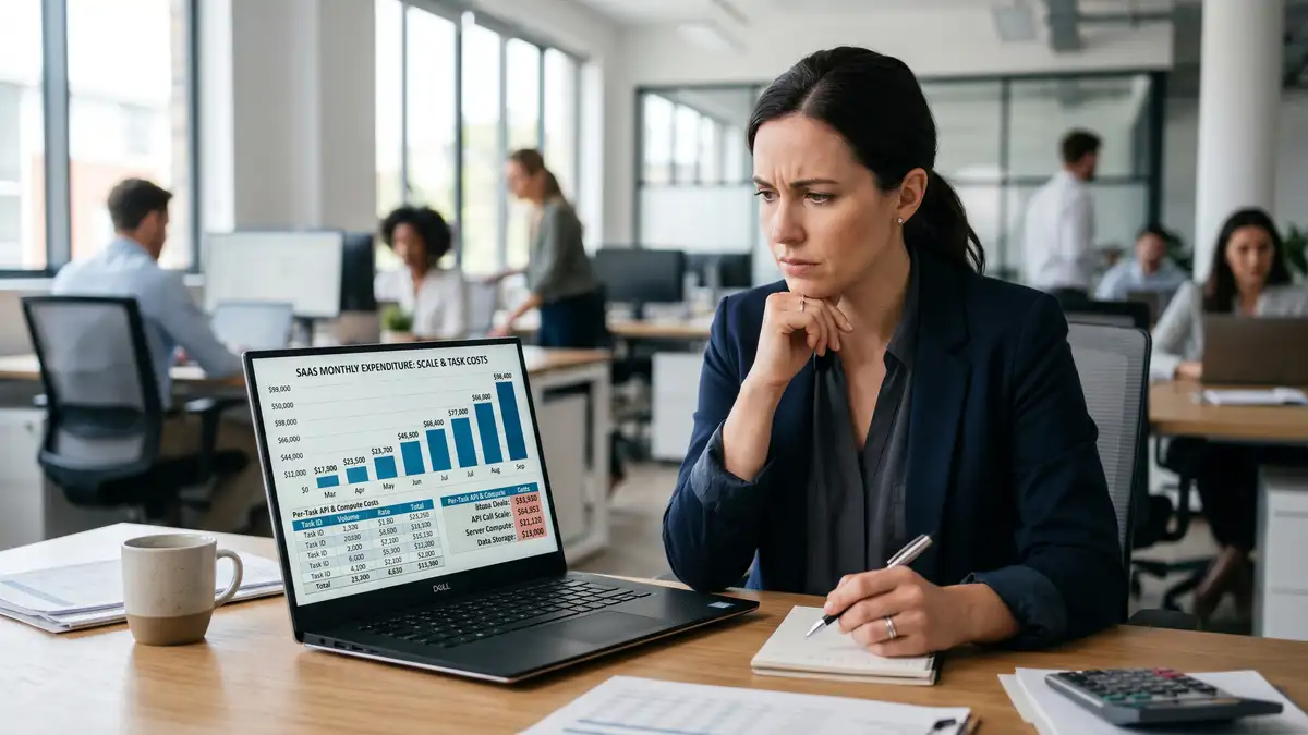 Finance professional reviewing an escalating monthly automation bill with an upward cost chart, showing Zapier costs at high task volume