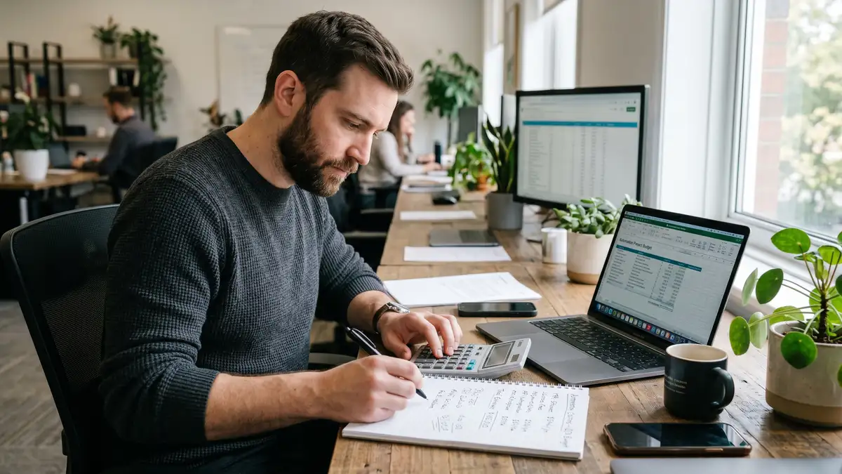 Person calculating automation costs with a calculator and notepad, estimating Zapier task usage before upgrading a plan