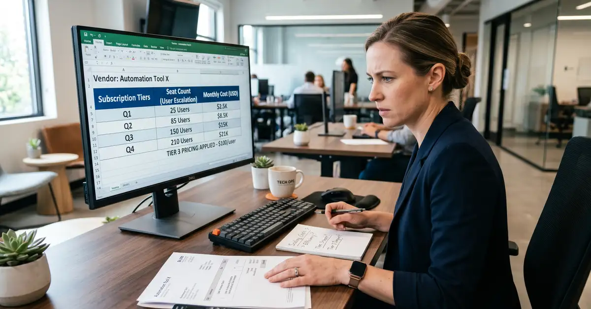 B2B operations leader reviewing rising Zapier subscription costs and pricing tiers on a monitor, evaluating the hidden costs of scaling automation