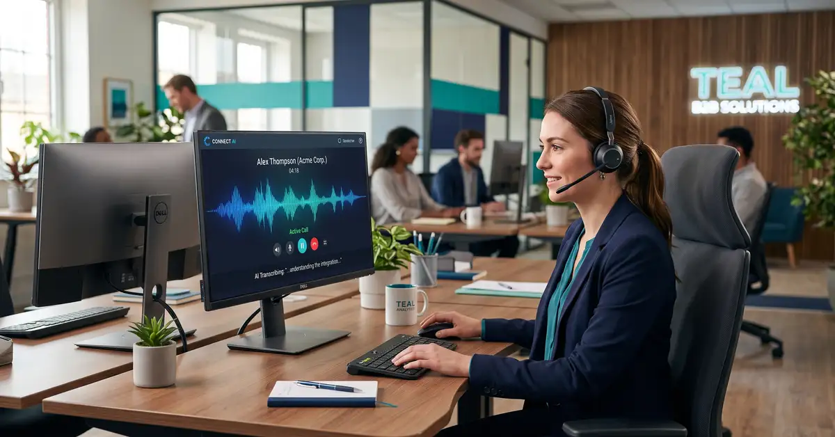 AI voice agent: B2B contact center professional on a live AI voice call with sound waveforms
