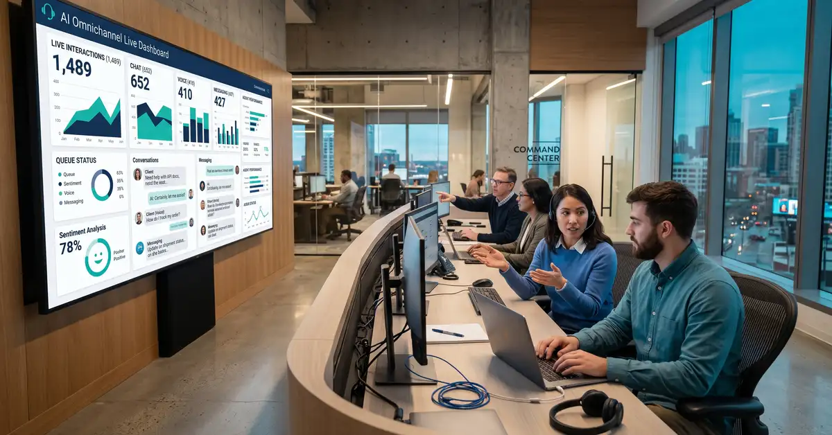 Conversational AI platform: a B2B team monitoring an omnichannel AI dashboard of chat, voice, and messaging