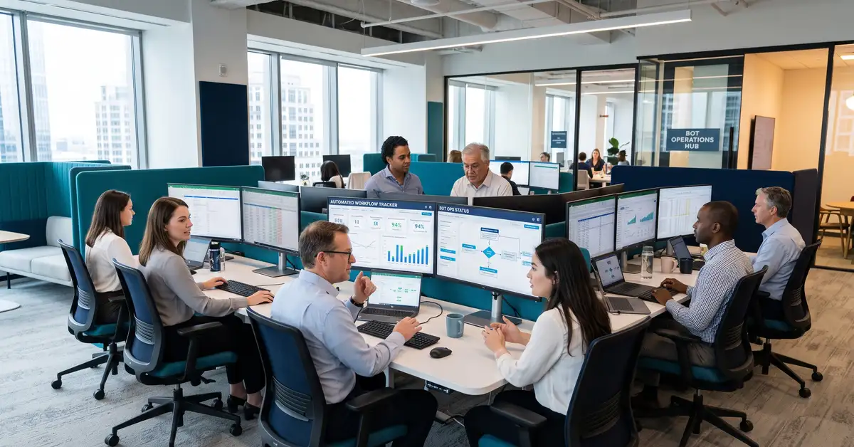 Robotic process automation: a back-office team overseeing software bots processing data on multiple monitors